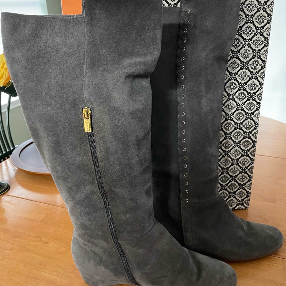 Isola Steel gray knee high wedge boots, soft suede